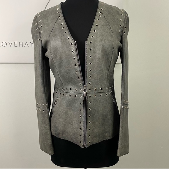 * Estrella G Made in Spain Edgy Leather Jacket Size 42  Grommets - Picture 6 of 16